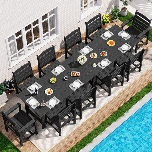 SERWALL HDPE Outdoor Dining Set for 10 with 2 Tables & 10 Chairs, Black | 12-Piece HDPE Outdoor Dining Set for 10, All-Weather Resistant Dining Furniture