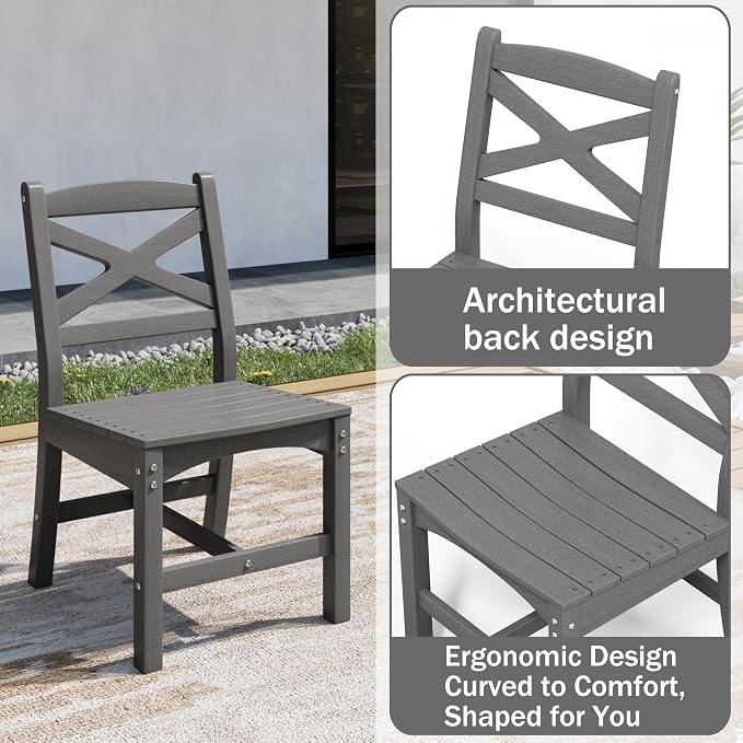 Outdoor Armless Dining Chairs Set of 4,HDPE Patio Chairs with Wide Seat,All-Weather HDPE Patio Armless Chairs for Porch, Backyard, Deck, White and Grey,Table not Included