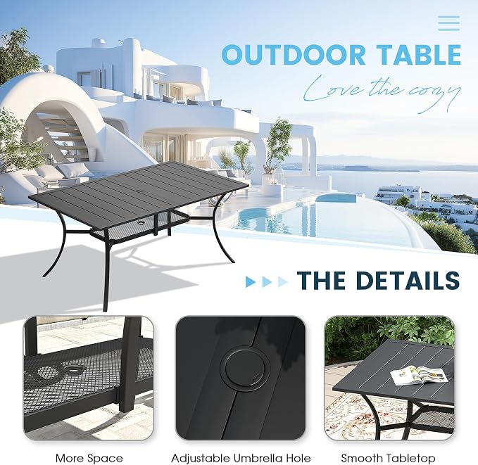 7 Pieces Outdoor Patio Dining Set, 59.2" All Weather Rectangle Metal Table with Umbrella Hole and Storage Shelf, 6 High Back Textilene Swivel Chairs for Garden, Lawn, Black