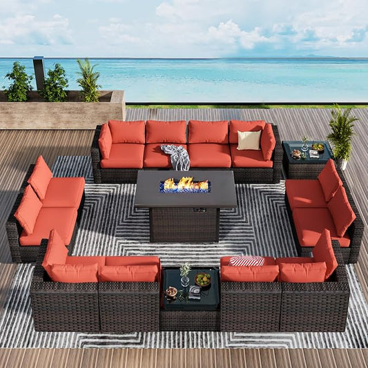 Grezone 15 Piece Patio Furniture Set with 44" Fire Pit Table, Outdoor Sectional Couch, PE Rattan Patio Conversation Sets with 4inch Cushions for Backyard Red