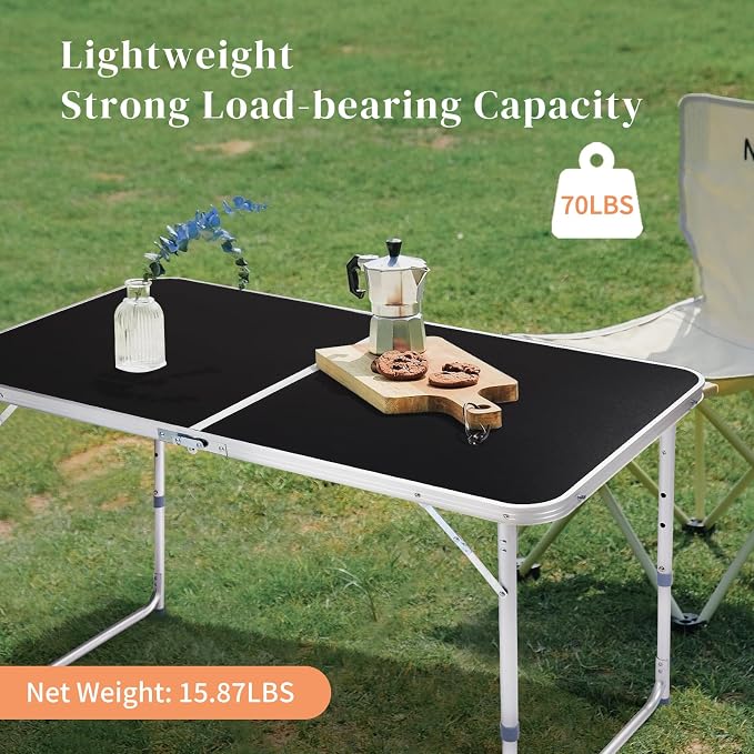Folding Table 4 Foot - 3-Position Adjustable Height, Lightweight Fold-in-Half Utility Table for Outdoor Picnic BBQ Camping Fishing RV Beach, Aluminum Frame, MDF Desktop, with Carrying Handle