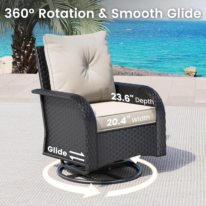 UDPATIO Patio Furniture Set with 44" Fire Pit Table, High Back 2 Swivel Rocker Chairs, Wicker Outdoor Conversation Sets with Thick Cushions & Ottoman, for Garden, Porch