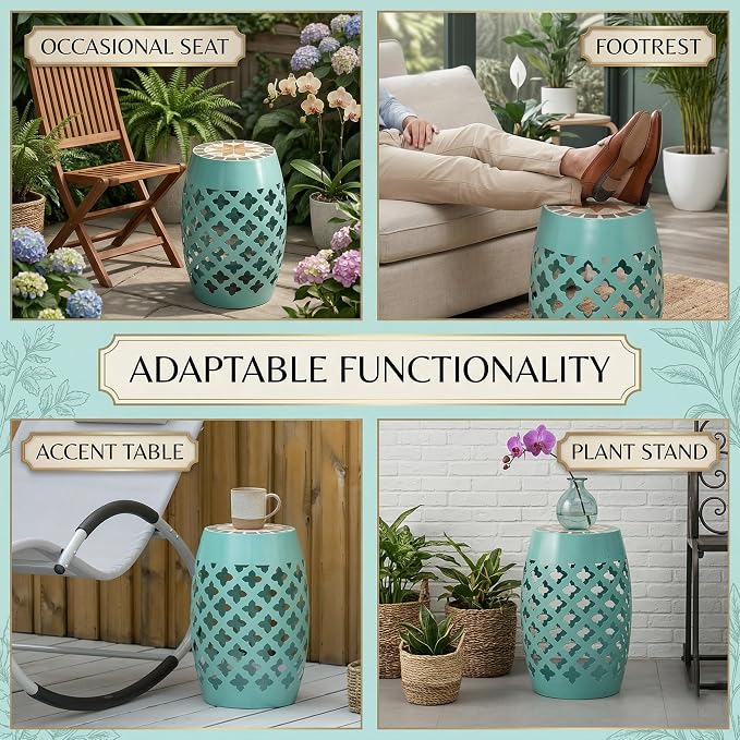 Light Turquoise 18" Patio Round Side Table, Ceramic Mosaic Tile Top Garden Stool with Decorative Lattice Design, Metal Outdoor End Table for Balcony, Porch, Yard, Plant Stand, 175lbs Capacity