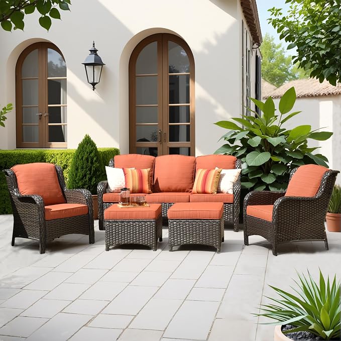 ovios 5-Pieces Patio Furniture Set, Outdoor Wicker Sofa Couch with Chairs Ottomans Comfy Cushions, High Back Modern All Weather Conversation Set, Brown Rattan, Orange Red