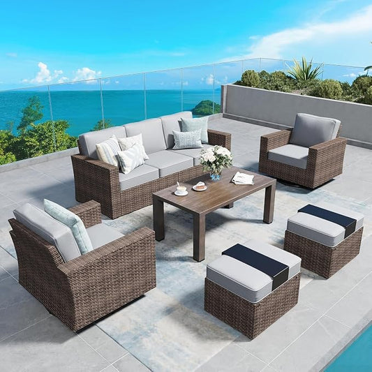 SUNSHINE VALLEY Swivel Glider 6 Piece Outdoor Furniture Set with Swivel Chairs, Wicker Patio Furniture with 4.92" Wide Armrest, 26.3" Deep Seating and 5.5" Thick Cushions, Grey