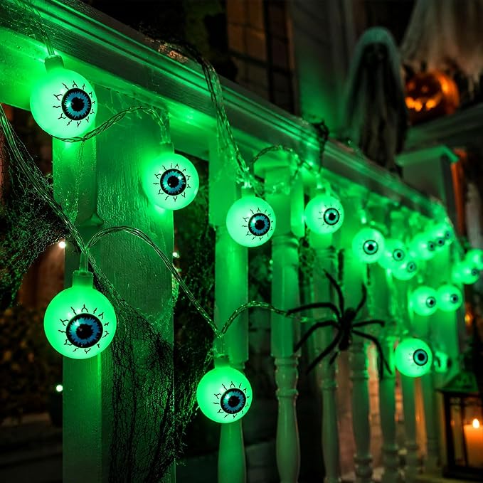 Crazy Night Halloween String Lights 10Ft 20 LEDs Battery Operated Green Eyeball Lights with Steady Flashing Modes Halloween Party Decor