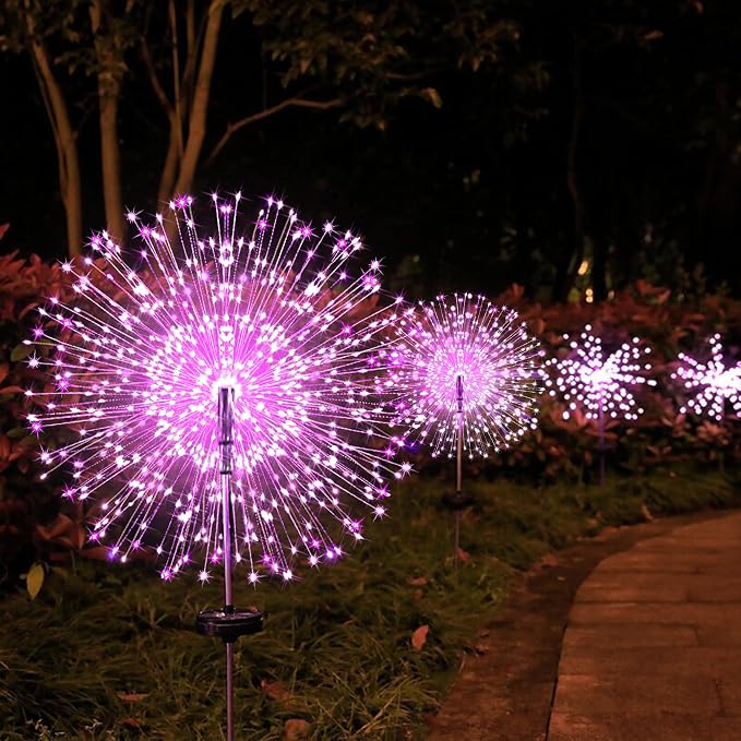 Solar Firework Lights, 2 Pack 120 LEDs 2 Lighting Modes Solar Garden Lights Outdoor Waterproof for Yard Patio Walkway Pathway Party Wedding Christmas Decorative - Pink