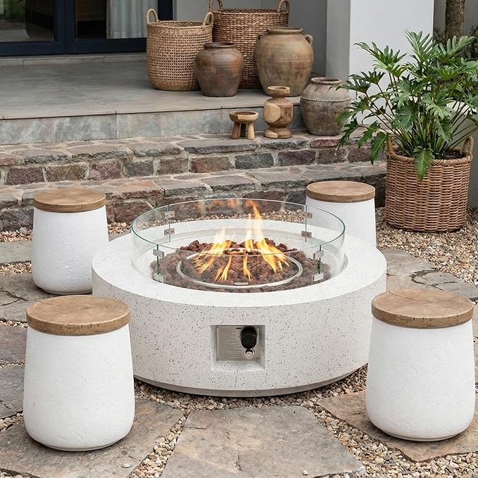 SUNBURY Outdoor Side Table, 13" W Concrete End Tables for Patio, Accent Side Table, Garden Stool Wooden-Look Top Lightweight for Livingroom Bedroom, Garden, Backyard, White