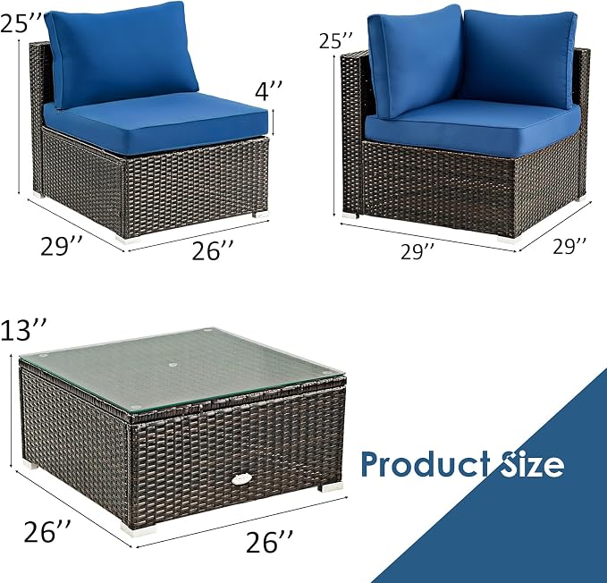 Tangkula 5 Pieces Patio Furniture Set, All Weather Wicker L-Shaped Corner Sofa Set w/Soft Cushions, Outdoor Sectional Conversation Couch Set w/Glass Table for Backyard Garden Poolside (Navy Blue)