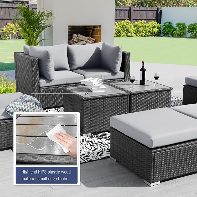 BULEXYARD 13 Piece Large High Back Grey Rattan Patio Furniture Set with Natural Gas/Propane Fire Pit and Lounge Chaise, Luxury Comfy Deep Wide Seat Outdoor Sectional Conversation Sofa Sets, Light Gray