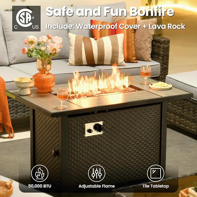 ovios 7 Pieces Patio Furniture Set, Outdoor Wicker Sofa Couch with Swivel Glider Chairs Fire Pit Table, Modern Deep Seat Rattan Conversation Sets for Deck Porch, Grey
