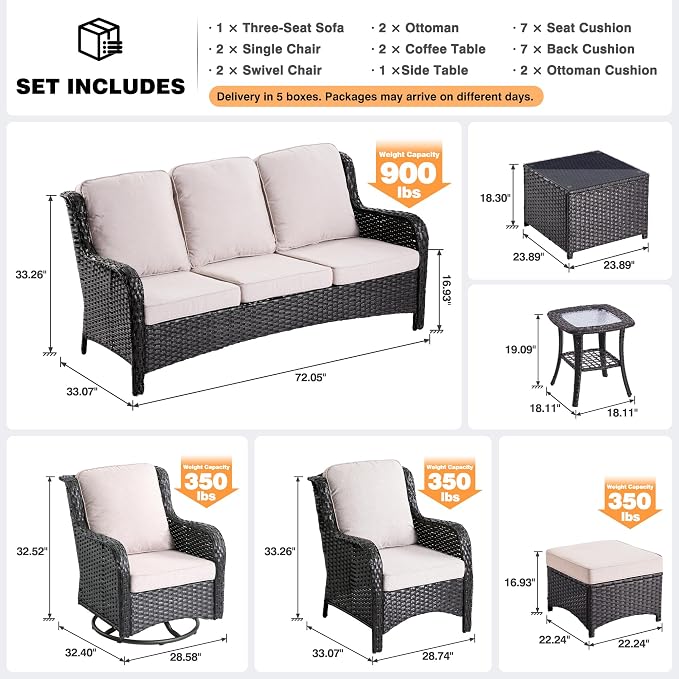 ovios 10 Pieces Patio Furniture Set with Swivel Rocking Chairs, Outdoor Wicker Sofa Couch Comfy Cushions, All Weather High Back Modern Conversation Set, Brown Rattan, Beige