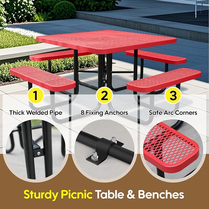 8-Person Picnic Tables for Outdoors, Industrial 46" Expanded Metal Square Picnic Table with 4 Benches & Umbrella Hole, Outside Table and Bench Set for Garden, Backyard, Porch, Patio, Red