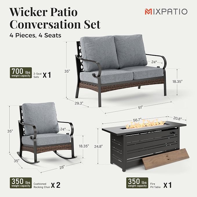 MIXPATIO Patio Furniture Set with Fire Pit Table, 4 PCS Metal Outdoor Conversation Set with 5.75'' Extra Thick Cushion, 2 Rocking Chairs, Loveseat Sofa and Gas Fire Pit Table, Grey