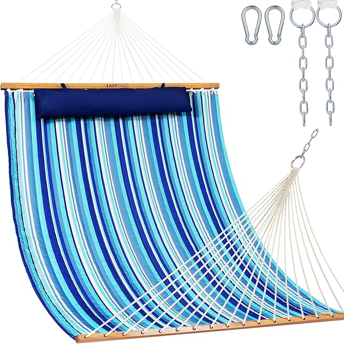 Lazy Daze Hammocks 12 FT Quilted Fabric Double Hammock with Spreader Bars and Detachable Pillow, 450lbs Weight Capacity