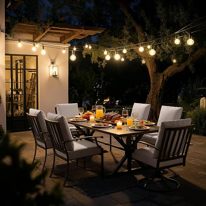 Kullavik 7 Pieces Outdoor Dining Set,Patio Dining Table and Chairs Set for 6,Fence Pattern Back Chairs with Thickened Cushions & X-Frame Metal Dining Table with Umbrella Hole for Patio,Sand