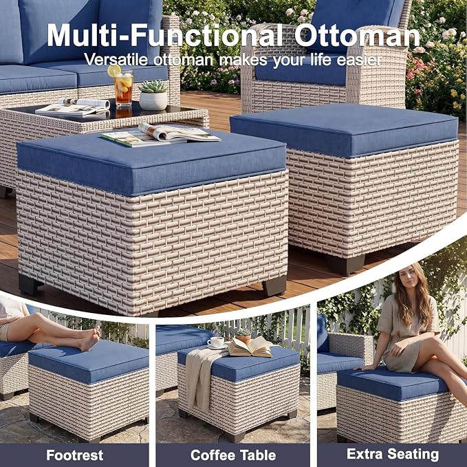 Patio Furniture Set, 12-Piece Outdoor Sectional Sofa with Swivel Rocker Chairs & Ottomans, Wicker Patio Conversation Set with Coffee Table, Blue Cushions