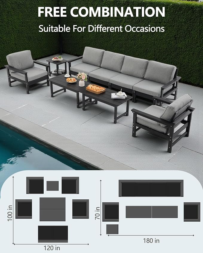 HDPE Outdoor Patio Furniture Set, 9-Piece Sofa Set with 4-Seat Couch, 2 Armchairs,Side Table & 2 Coffee Tables, Weatherproof Conversation Set with Cushions,for Garden, Porch & Backyard