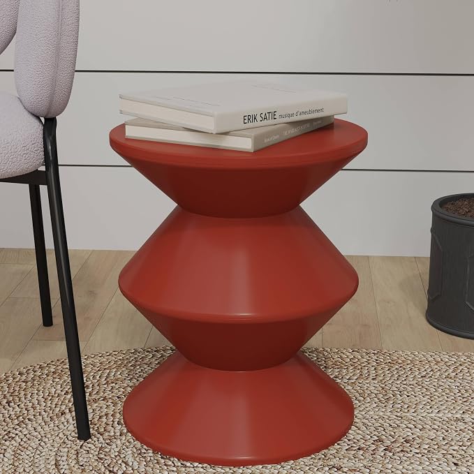 LeisureMod Aura Collection Modern Round Side Table - Brown ABS Plastic Double-Hourglass Pedestal - No Assembly Weatherproof Accent Furniture for Living Room, Patio & Outdoor Decor