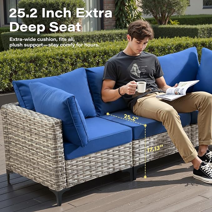 9 Pieces Outdoor Sectional Patio Furniture Set with 42" Fire Pit,Conversation Sets Rattan Wicker L Shaped Couch Swivel Rocking Chairs,Modular Outdoor Sofa for Porch Balcony Backyard Navy Blue