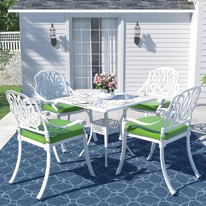 MEETWARM 35.4" Square Patio Dinning Table, Outdoor Cast Aluminum Dinning Large Table with 2.2" Umbrella Hole, White