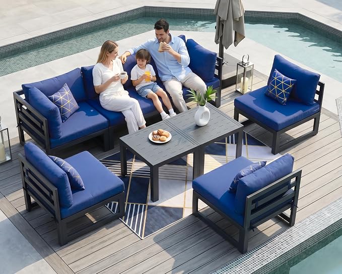 NICESOUL 8 Piece Large Luxury Aluminum Patio Conversation Set, 29" Deep Wide Comfortable Sitting, U Shaped Modular Sectional Couch, 500 lbs Heavy Duty All Weather Outdoor Sofa for Backyard, Navy Blue