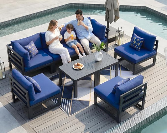 NICESOUL 8 Piece Large Luxury Aluminum Patio Conversation Set, 29" Deep Wide Comfortable Sitting, U Shaped Modular Sectional Couch, 500 lbs Heavy Duty All Weather Outdoor Sofa for Backyard, Navy Blue