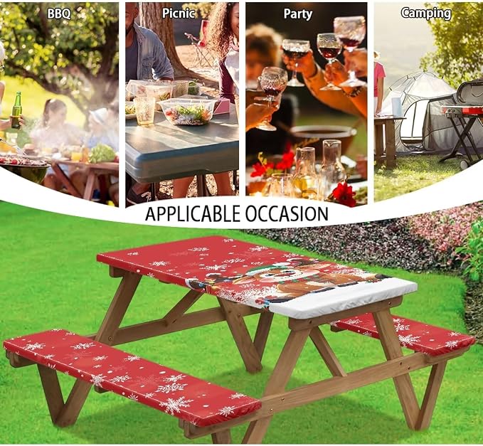 Christmas Reindeer Picnic Table Cover with Bench Covers Elastic Picnic Table Covers Outdoor Table and Chairs Decorative Sets Camping Essentials Suitable for Summer Outdoor Camping