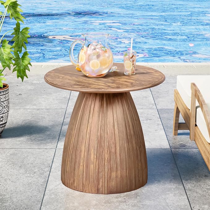 Metal Small Patio Table, Round Outdoor Side Table, Wood Color Outdoor Accent Patio End Table, for Garden, Pool, Deck, Balcony, Yard, Living Room, Weather Resistant, No Assembly