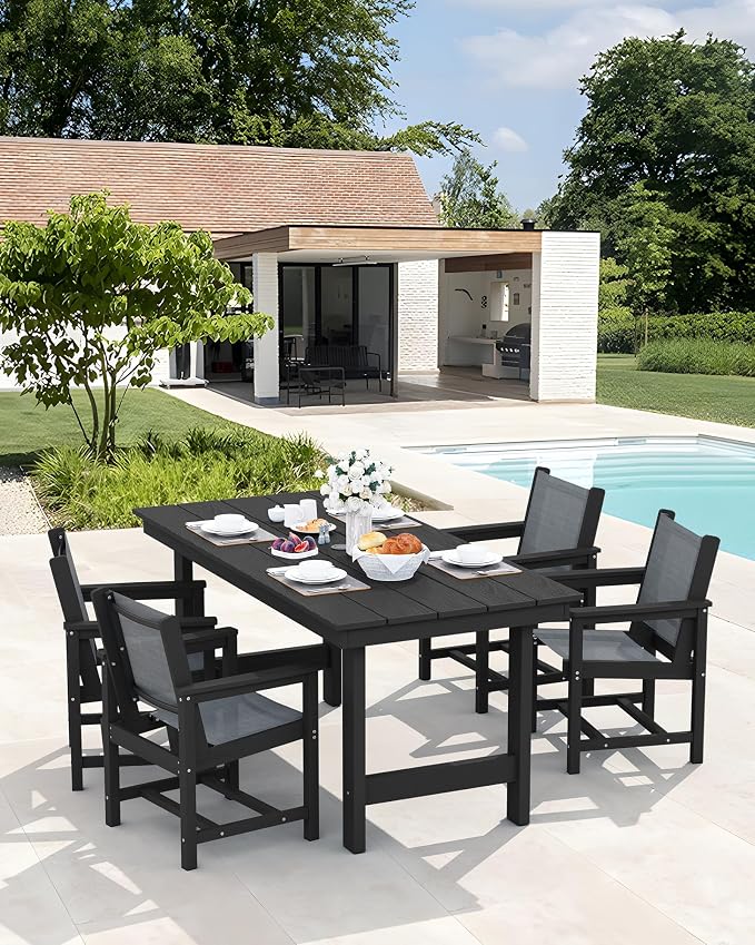 SERWALL 5 Pcs HDPE Patio Dining Set with 1 Table & 4 Woven Chairs, Gray | HDPE Outdoor Dining Set with Rectangular Table & 4 Woven Chairs, All-Weather Patio Dining Furniture