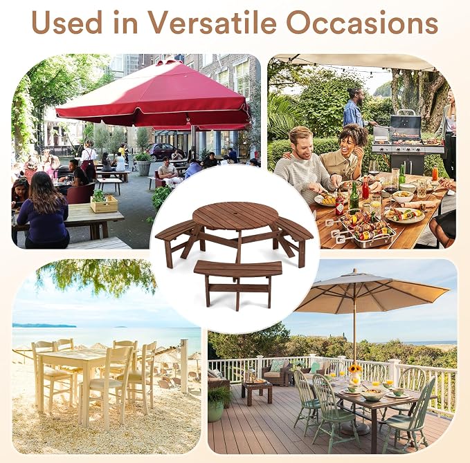Zevemomo 6 Person Wood Picnic Table, Round Tabletop with Umbrella Hole, 3 Built-in Curved Benches, 1720LBS Total Capacity for Patios, Backyard, Brown