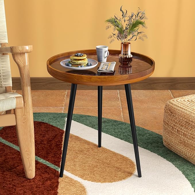 Giantex Outdoor Side Table, Round End Table with Epoxy Resin Finish, Sea Shell Decoration, Mahogany Wood Frame, Tray Top, Patio Side Table for Living Room, Pool, Yard, Porch (Brown, 20” x 20” x 21.5”)