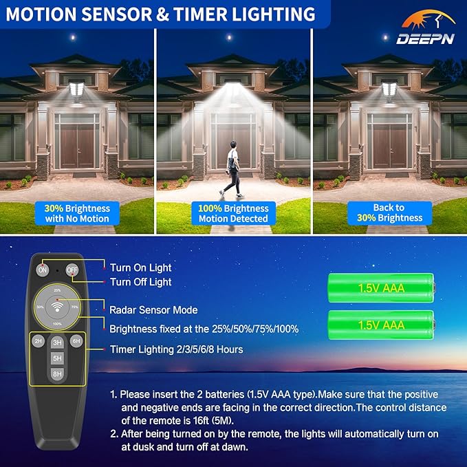 Deepn Solar Lights Outdoor, IP66 Waterproof Street Lights Outdoor, TW001 | 6500K Dusk to Dawn Solar Security Flood Lights Motion Sensor with Remote Control for Yard, Entryway Garage, Porch 1 Pack