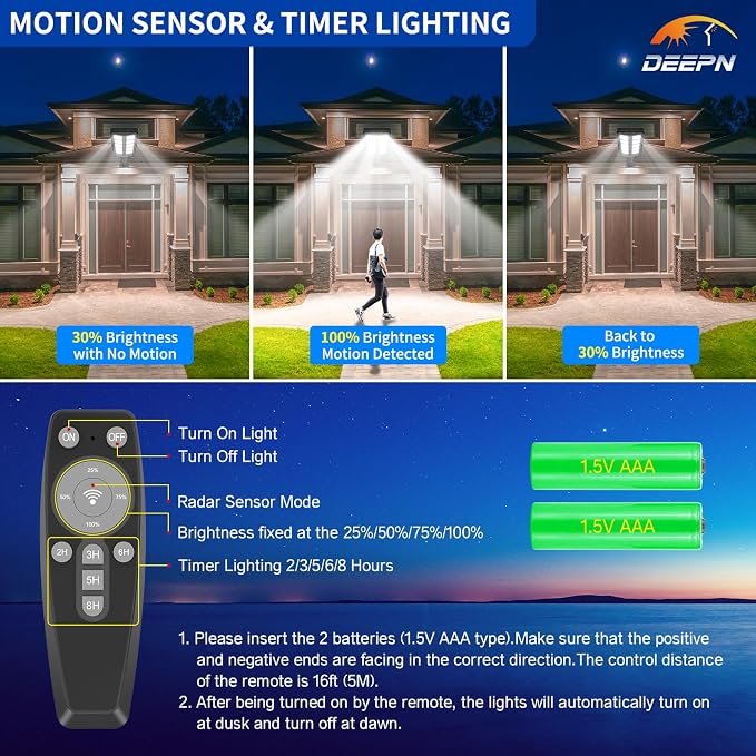 Deepn Solar Lights Outdoor, IP66 Waterproof Street Lights Outdoor, TW001 | 6500K Dusk to Dawn Solar Security Flood Lights Motion Sensor with Remote Control for Yard, Entryway Garage, Porch 2 Pack