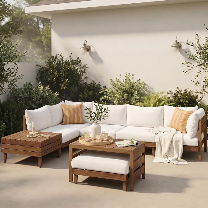 8-Piece Acacia Wood Outdoor Patio Sofa Set, Modular Sectional Furniture Set with Storage Tea Table, Coffee Table and Cushions for Backyard, Poolside, Indoor&Outdoor,Beige