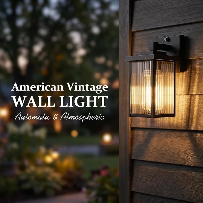 Black Dusk to Dawn Wall Mount Porch Lights, Exterior Light Fixtures | Auto On and Off, Anti-Rust Metal Frame, Tempered Glass, E26 Socket, Easy DIY Install on Porch, Garage