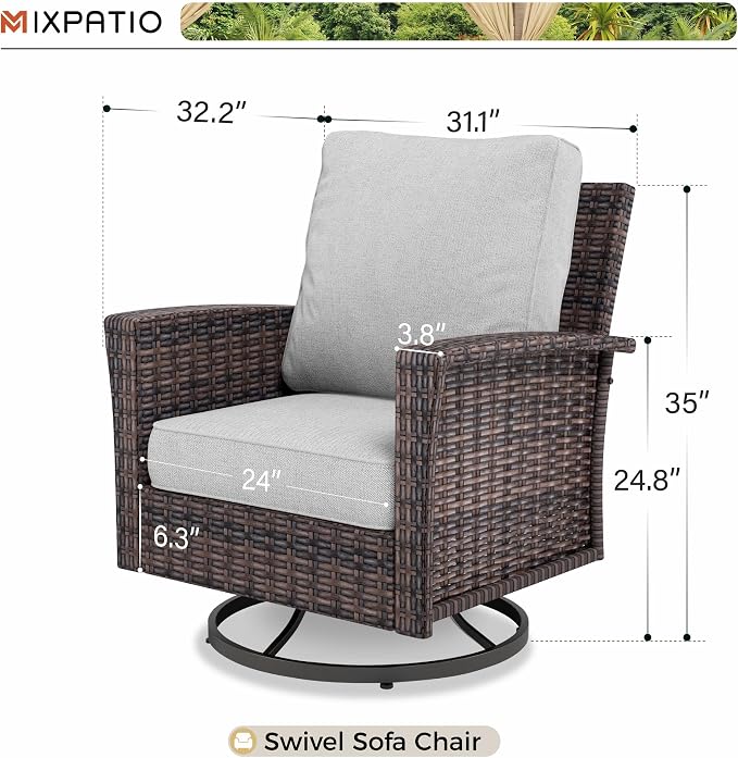 MIXPATIO Swivel Patio Wicker Chairs Set of 2, High Back Outdoor Swivel Patio Rattan Chairs with 5.5" Thick Cushions for Bistro Balcony Porch Deck and Yard, Light Grey