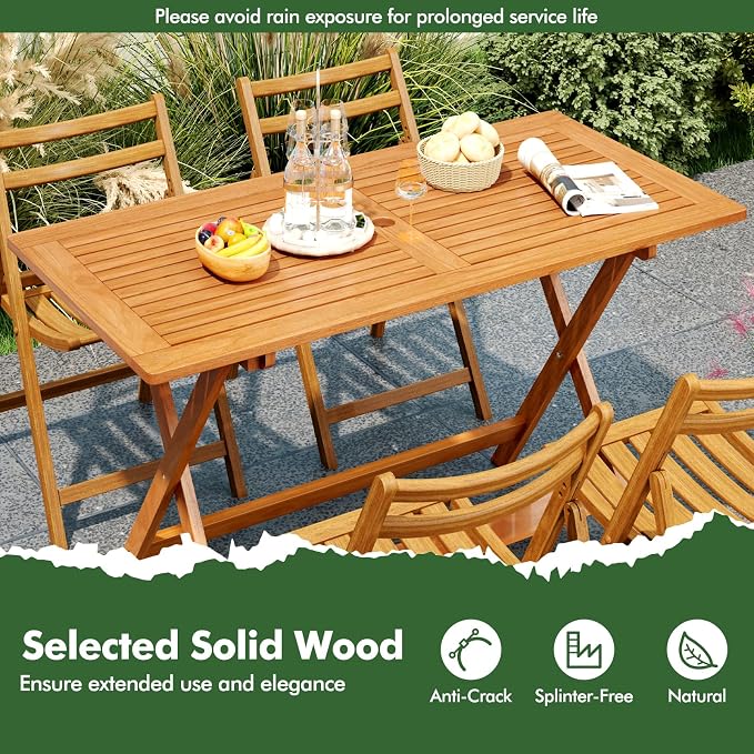 Outdoor Dining Table, Solid Wood Long Outdoor Tables with 2" Umbrella Hole & X-Shaped Support Legs, Patio Table for Porch Balcony Deck Garden Yard, Teak Oil Finish
