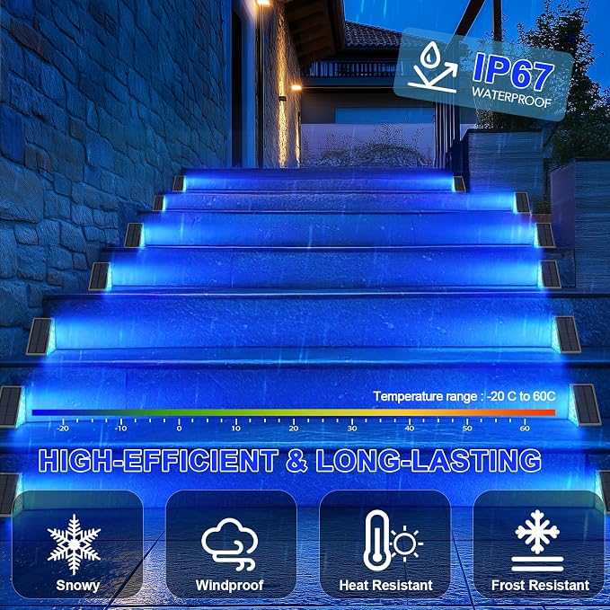 AUDLES 12 Pack Solar Stair Lights, Outdoor Step Lights with Waterproof IP67, Blue Color LED Solar Light for Outside Light Decor for Stair, Deck, Front Step, Front Porch, Patio and Backyard