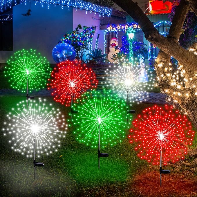 Tujoe 12 Pcs Christmas Solar Firework Stake Lights 180 LED 8 Modes Solar Waterproof LED Sparkler Lights Outdoor Decoration for Garden Patio Yard Pathway Walkway Lawn (Red Green White)