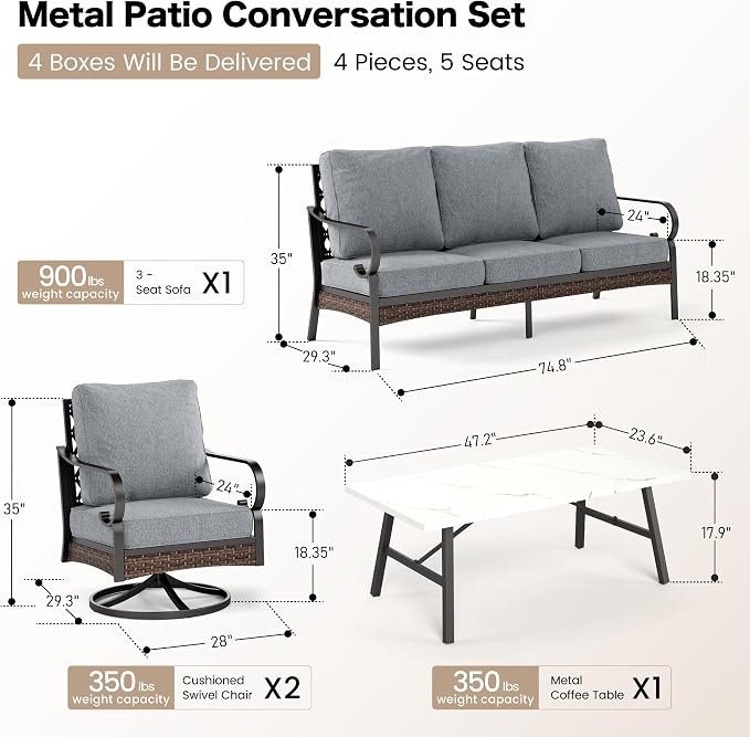 SUNSHINE VALLEY 4 PCS Metal Outdoor Patio Furniture Set, Patio Conversation Sets 1 3-Seater Sofa, 2 Swivel Chairs with 5.75" Extra Thick Cushion & Coffee Table, Black Frame Backyard Furniture, Gray
