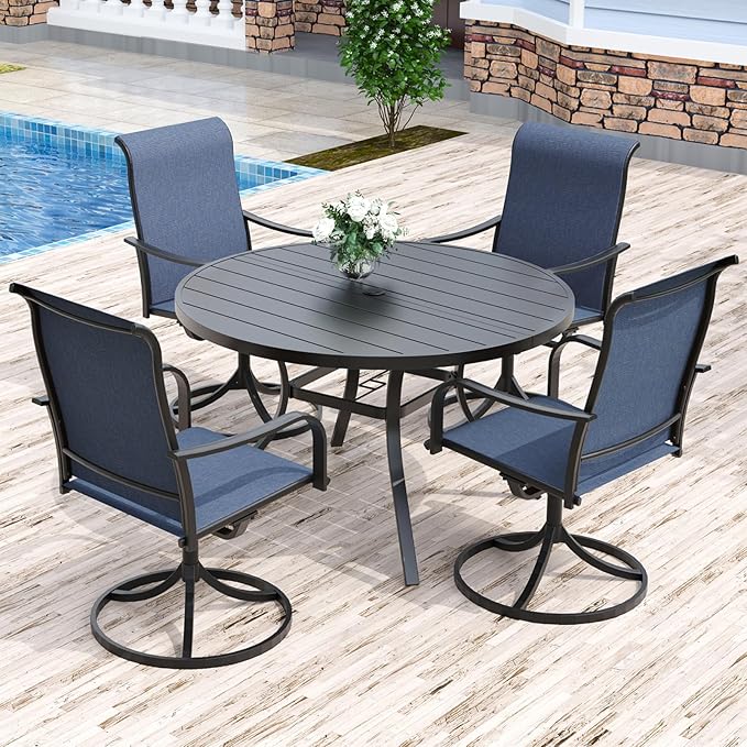 Anmutig 5-Piece Outdoor Patio Dining Set, 48" Round Table with 4 Swivel Textilene Rocking Chairs, Navy Blue Mesh Fabric, Black Metal Frame