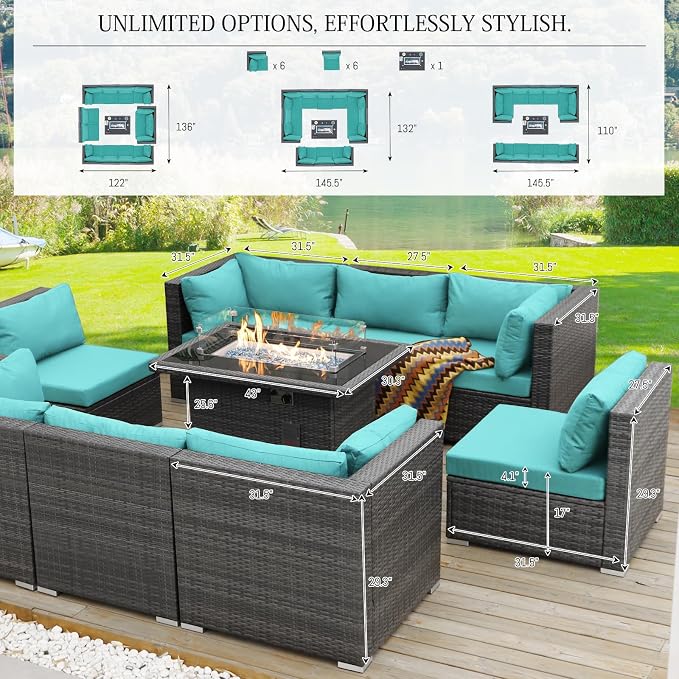 BULEXYARD 13 Piece High Back Patio Furniture Sets with Firepit, Luxury Outdoor Seating Sectional Couch 12-Person Modular, Comfortable Extra Large Wide Deep Backyard Conversation Sofa Set, Grey & Teal