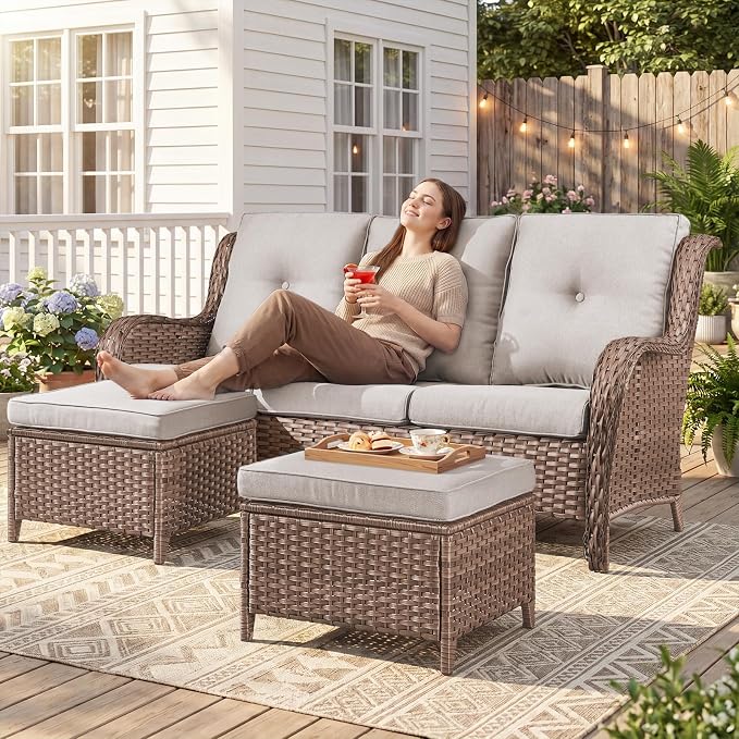 Belord 3-Piece PE Wicker Outdoor Sofa with 2 Ottomans, Luxury Patio Couch Convertible to Chaise Lounge, All-Weather High Back Deep Seat Woven Furniture for Deck, Porch - Yellow