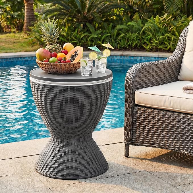 COSTWAY Outdoor Cool Bar Table, 8 Gallon Beer and Wine Cooler, Height Adjustable Rattan Style Cocktail Patio Bar Tables, 3-in-1 Ice Cooler with Drainage Plug for Deck, Pool, Party, Beach (Gray)