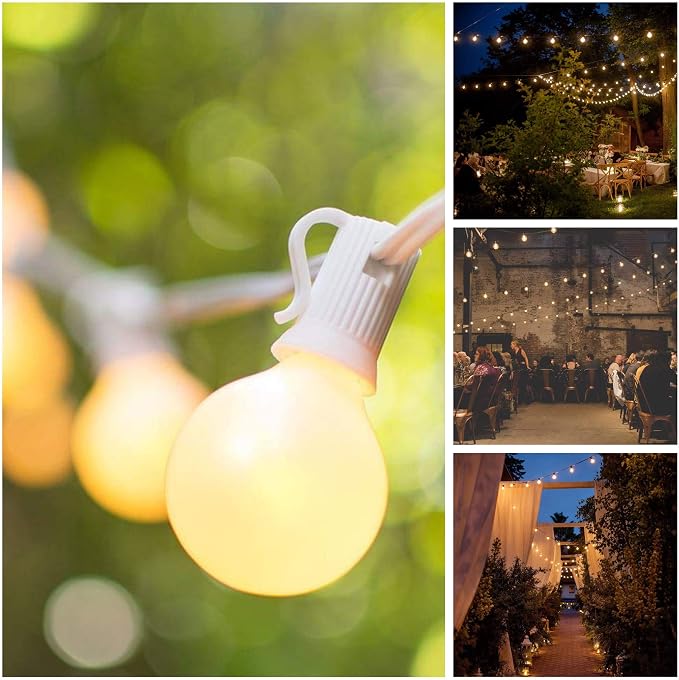 G40 White Pearl Outdoor Patio Globe String Lights (25 Foot - Green Wire) | G40 Frosted White Pearl 1.6" Bulbs