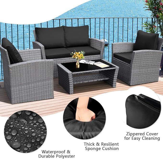 HAPPYGRILL 4 Pieces Conversation Set Outdoor Patio Rattan Furniture Set with Cushions and Coffee Table Sectional Wicker Sofa Set for Garden Porch Balcony Poolside