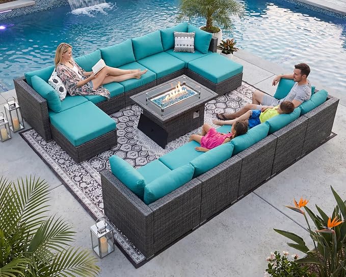 NICESOUL 13 Piece Patio Furniture w/Fireplace, Elegant Outdoor Seating w/Firepit, XL Size 29.3'' High Back Sectional Sofa, All-Weather Rattan Deck Couch, Modular Sturdy Conversation Set, Gray & Teal