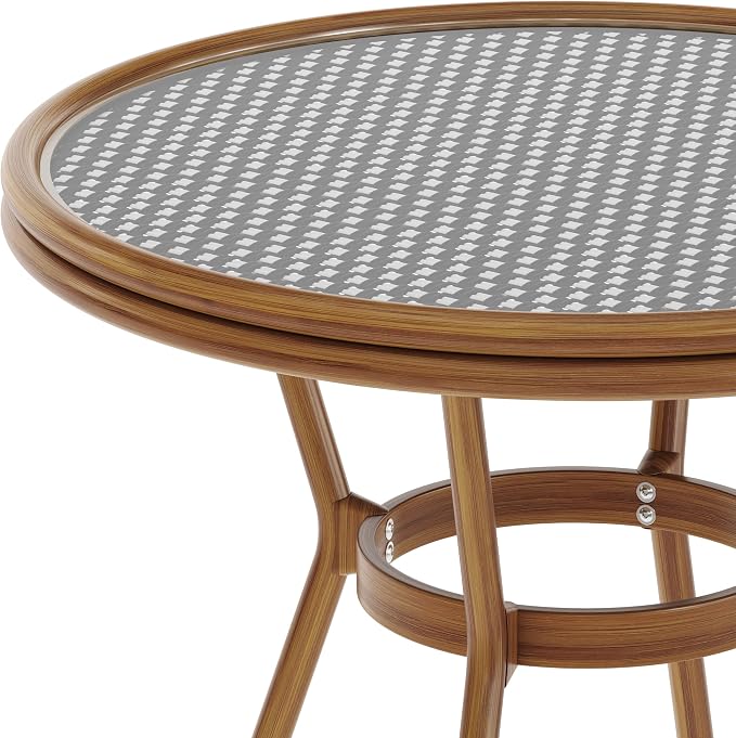 BizChair Indoor/Outdoor Commercial Bistro 31.5" Table, Black and White PE Rattan, Glass Top, Bamboo Print Aluminum Frame in Natural