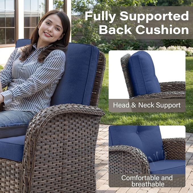 Belord Expansive 10 Pieces Outdoor Patio Furniture Set with 43” Propane Fire Pit Table, Patio Conversation Set with Swivel Rocker Outdoor Chairs Set of 4 and Sofa, Ottoman and Wicker Side Table Brown
